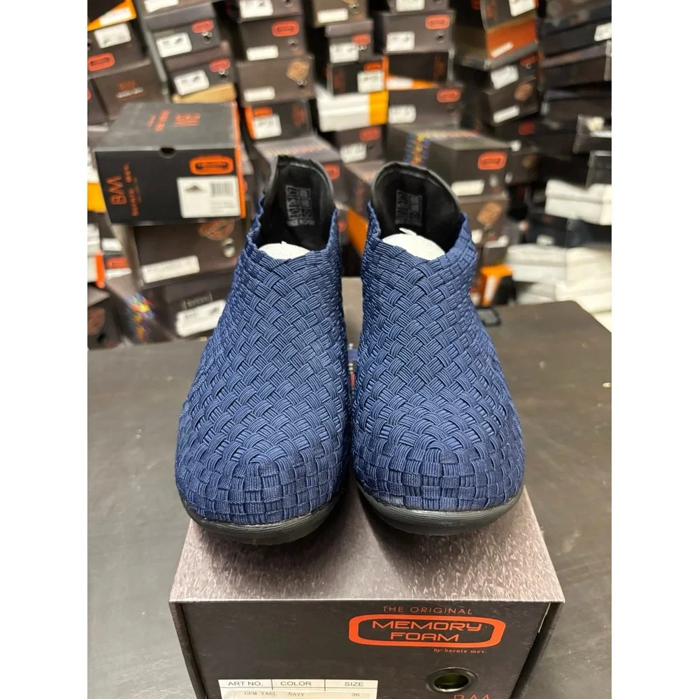 Bernie Mev Gem Yael Navy Woven Elastic Memory Foam Wedge Shoes Size 36 US 5-5.5